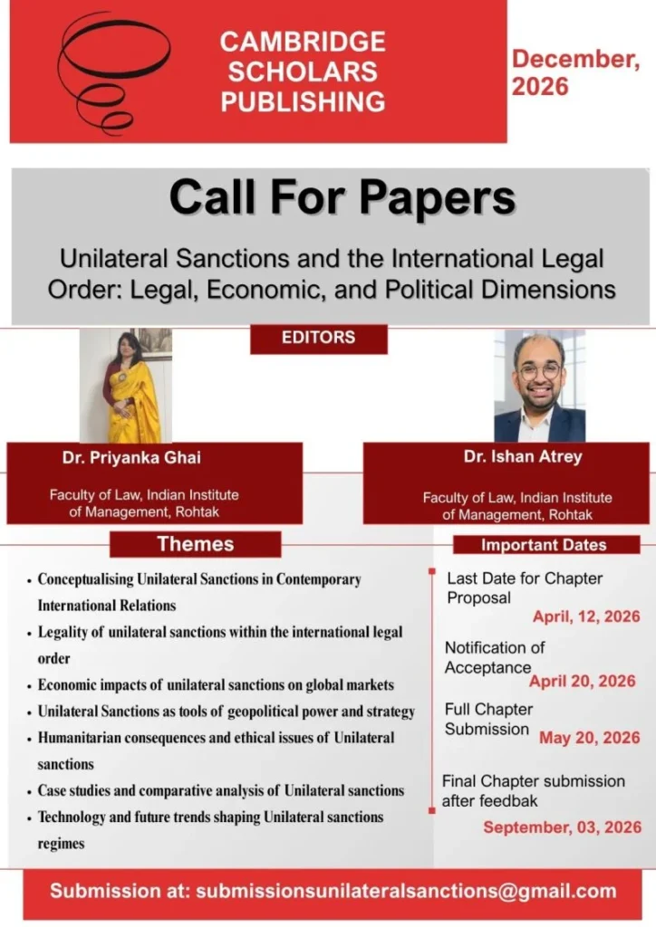 Call for Chapters 2026: “Unilateral Sanctions and the International Legal Order” (Cambridge Scholars Publishing)